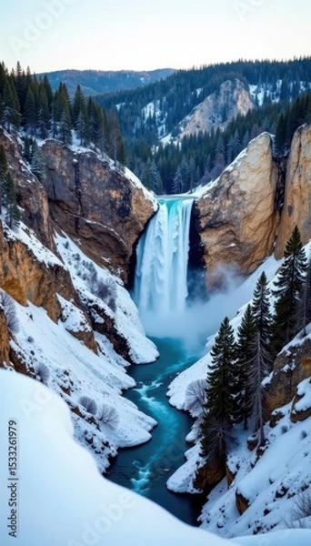 Obraz Snow dusted canyon walls frame Yellowstone's Lower Falls, early winter's icy grip , nature, canyon