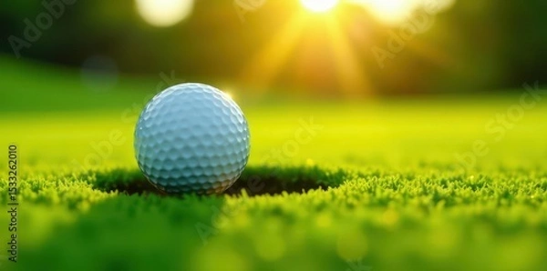 Obraz Sunlit golf ball rests near the cup on a verdant putting green , sport, background, close-up