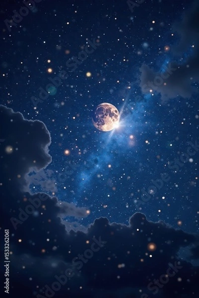 Fototapeta Timelapse of starry night sky with bokeh moon and sparkling particles , celestial, space, cosmos