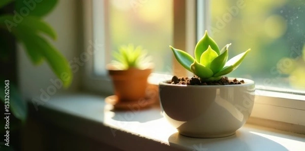 Obraz Tiny succulent in ceramic pot, sunny windowsill, image, summer