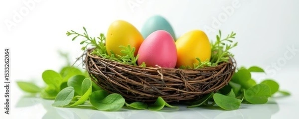 Obraz Vibrant colored eggs nestled in a verdant nest against a stark white backdrop , colorful, easter eggs, fauna