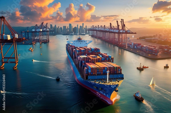 Obraz Container Cargo Ship at Port During Sunset with Colorful Containers Generative AI