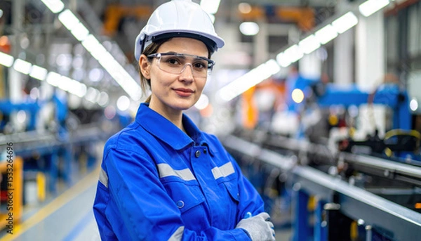 Fototapeta Female engineer in blue uniform stands confidently in manufacturing facility, wearing hard hat and safety glasses, showcasing her expertise and focus in high tech environment
