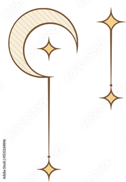 Obraz Minimal flat line-art moon is floating with star motifs and hatch patterns, transparent background