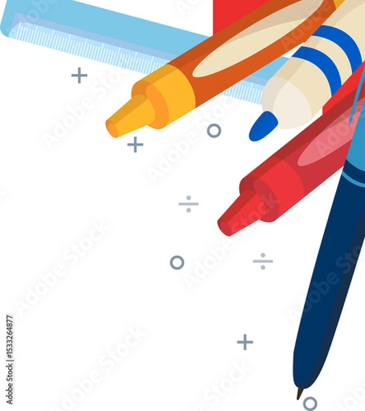 Fototapeta Writing tools are floating in flat style showing ruler, geometric symbols on transparent background