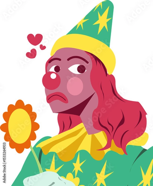 Fototapeta Cartoon clown in green star hat with floating hearts is holding sunflower, transparent background
