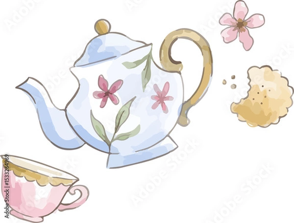 Obraz Watercolor teapot with teacup are floating with pink blossom, tea splash on transparent background