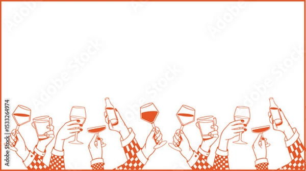 Obraz Hands are holding wine cocktail glasses, tumblers, beer bottles in vector on transparent background