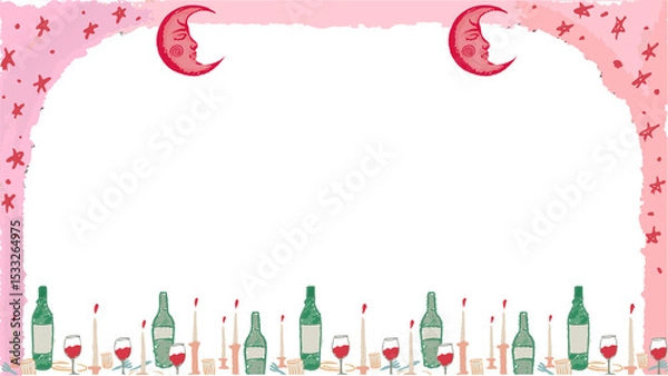 Obraz Hand-drawn frame is featuring celestial motifs, bottles, glasses, candles on transparent background