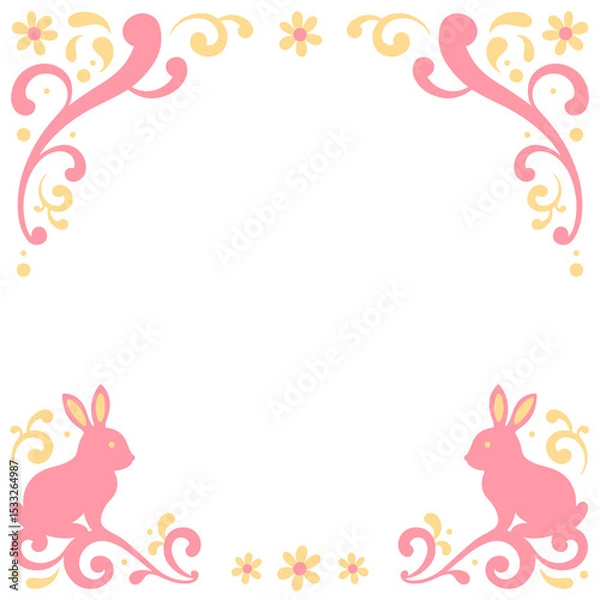 Fototapeta Floral rabbit frame is appearing in flat design, pastel swirls and flowers, transparent background