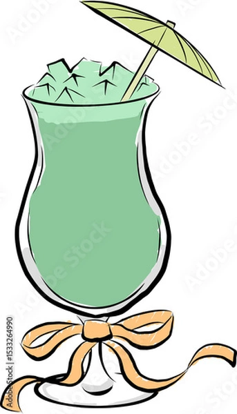 Fototapeta Showing crushed ice mint drink in flat design glass with umbrella, ribbon on transparent background