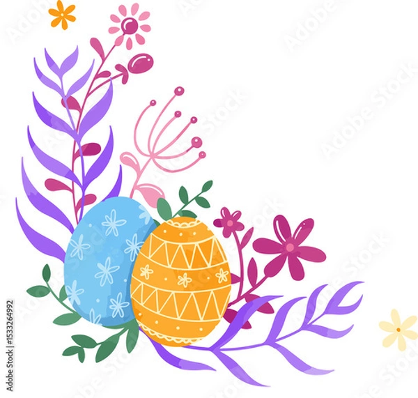 Fototapeta Featuring flat design two decorated eggs in stylized floral corner wreath on transparent background