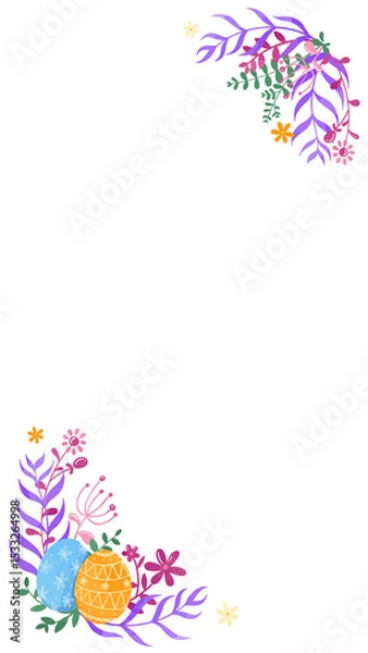 Fototapeta Vector corner design is showing botanical accents and patterned eggs on transparent background