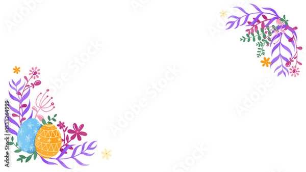 Obraz Flat design Easter border is framing transparent background featuring pastel eggs, leaves, flowers
