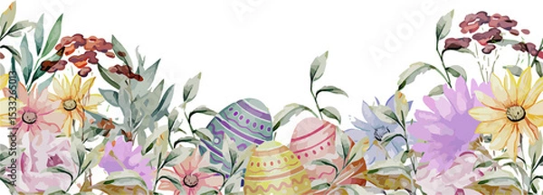 Fototapeta Pastel decorated eggs and spring flowers are floating in flat design on transparent background