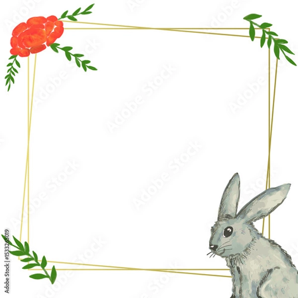 Fototapeta Golden frame is showing red blooms, sprigs, watercolor rabbit on transparent background, copy space