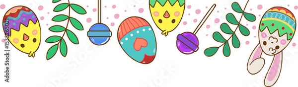 Fototapeta Garland is hanging in flat design on transparent background with eggs, chick faces, bunny ornaments