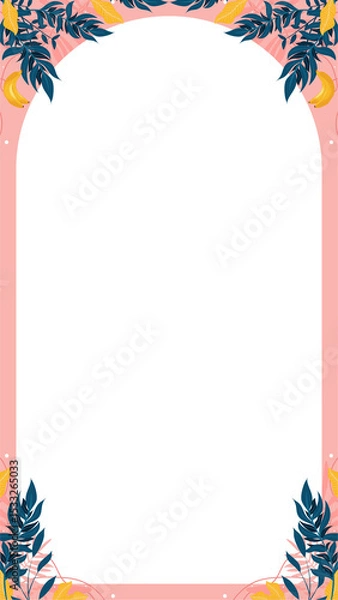 Obraz Tropical arch frame is appearing in flat design with pink border, banana foliage, dots, transparent