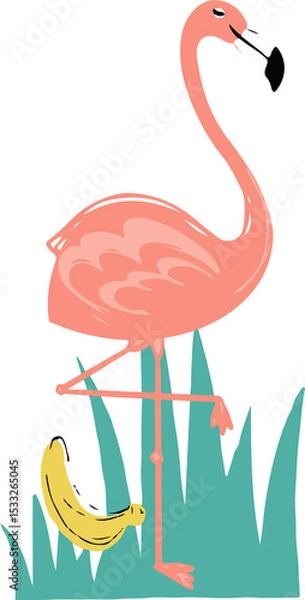 Fototapeta Flat pink flamingo is balancing on one leg with yellow banana in teal grass transparent background