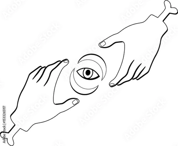 Fototapeta Showing monochrome flat line art with eye, crescents and skeletal hands on transparent canvas