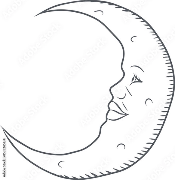 Obraz Line art crescent moon is curling with face, hatch marks, crater dots on transparent background