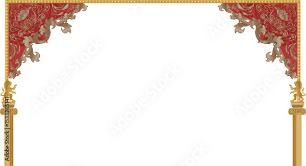 Fototapeta Vector archway featuring red valance gold cornice winged lion golden columns transparent backdrop