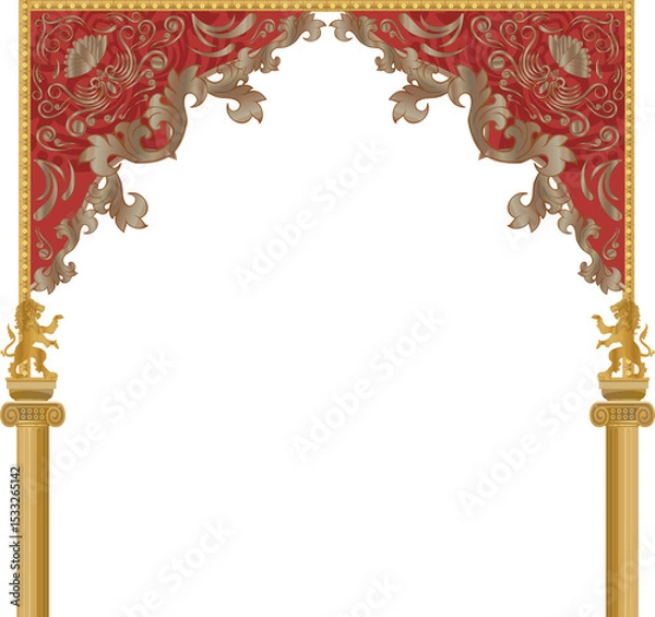 Fototapeta Theatre frame flat design showcasing lion sculptures and red swag on transparent field