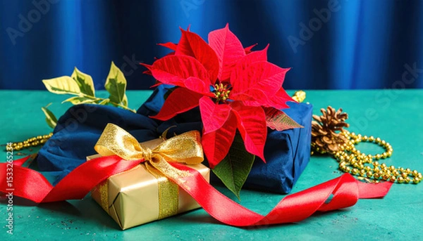 Fototapeta Festive Christmas scene featuring beautifully wrapped gifts adorned with vibrant red poinsettia, surrounded by decorative elements like beads and ribbons, creating joyful atmosphere