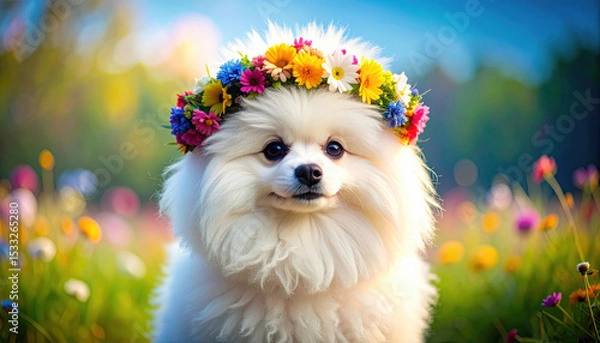 Fototapeta Fluffy white pom pom dog adorned with delicate wreath of vibrant flowers stands majestically in colorful field, radiating joy and charm