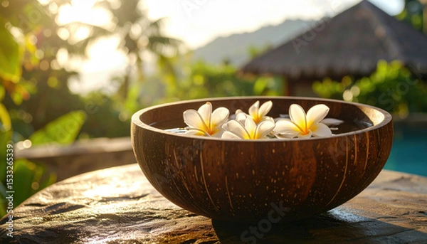 Fototapeta Fragrant bowl adorned with delicate blooms of frangipani exudes aura of tranquility, set against lush tropical backdrop. warm sunlight enhances serene atmosphere