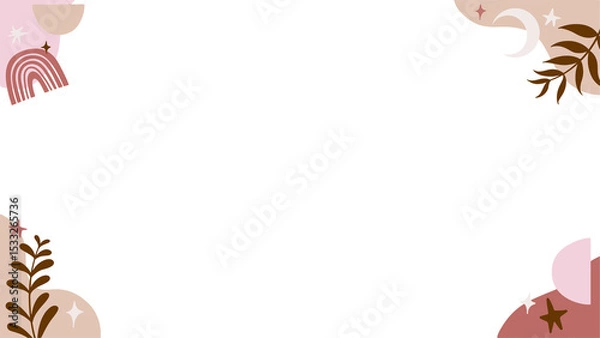 Fototapeta flat design border is showing pastel blobs, leaf sprigs, moon on transparent background, copy space
