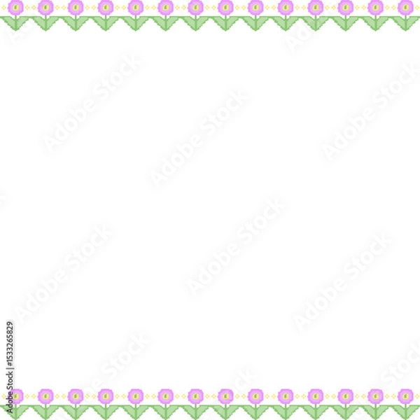 Fototapeta Pixel-art floral border is forming on transparent background, showing pink blooms and leaves