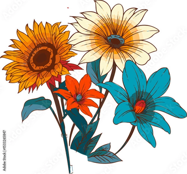 Fototapeta Sunflower daisy lily and teal-blue bloom are being shown in flat vector on transparent background