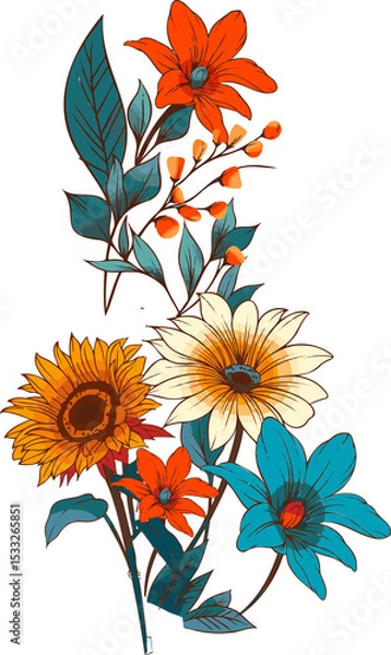 Fototapeta Vector art is showing sunflower, colorful daisies, foliage on transparent backdrop