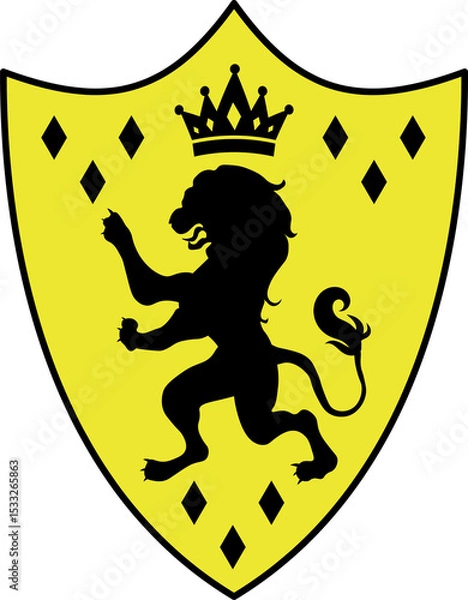 Fototapeta Heraldic emblem is showing lion rampant on yellow shield with black crown, diamonds, transparent bg