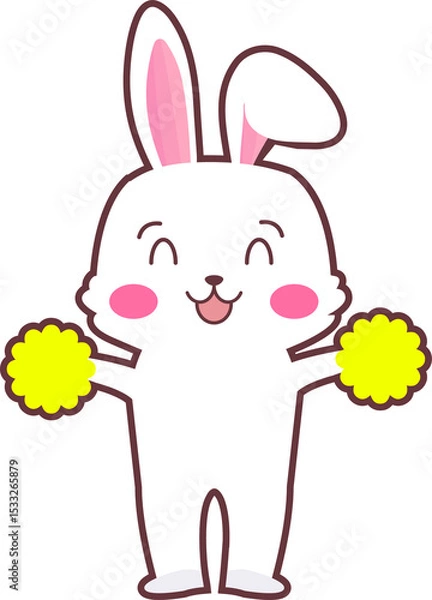 Fototapeta Cartoon bunny is cheering with bright yellow pom-poms in flat design with transparent background