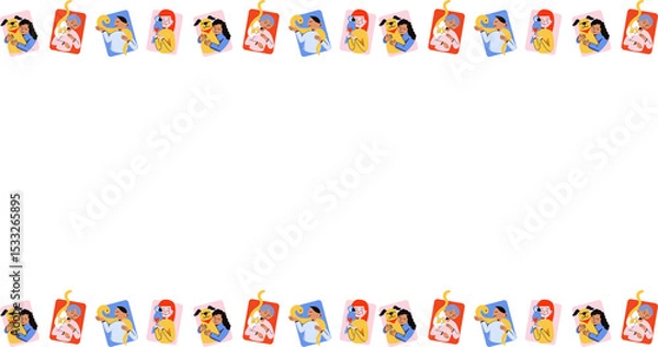 Obraz Vector border is showing hugging couples, flexing arm, phone, baby, transparent center, copy space
