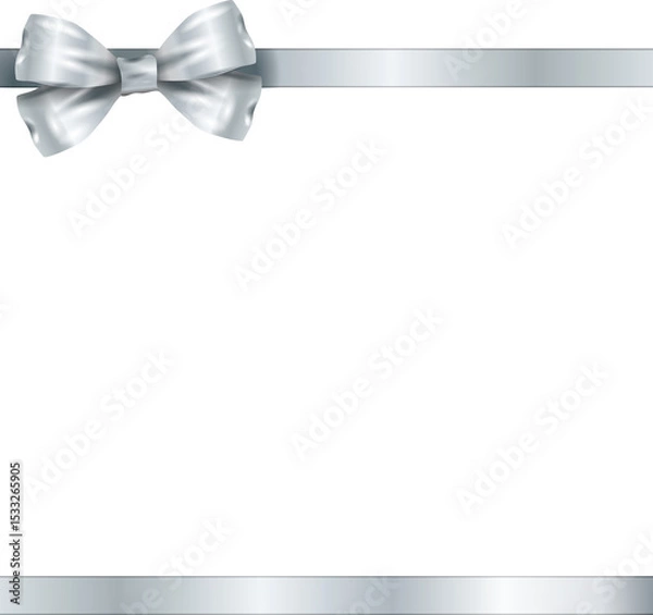 Fototapeta Silver satin-like bow is hovering on matching ribbon bands in flat design, transparent background