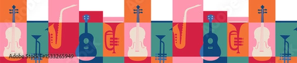 Fototapeta Repeating vector tile featuring violin saxophone guitar and trumpet icons on transparent background
