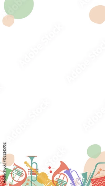 Fototapeta Flat vector music border is displaying colorful brass and pastel circles on transparent background