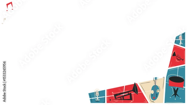 Fototapeta Flat border featuring tricolor panels showing instruments, floating notes on transparent canvas