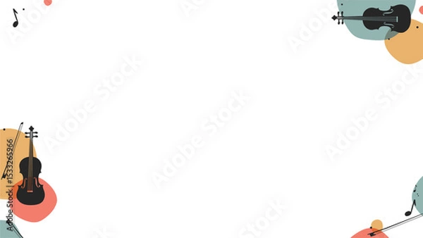 Fototapeta Flat music border is showing violin and guitar shapes over circles on clear background, copy space