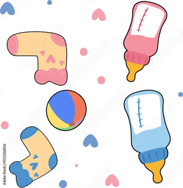 Obraz Flat baby items are floating on transparent background, showing socks, bottles, ball, confetti
