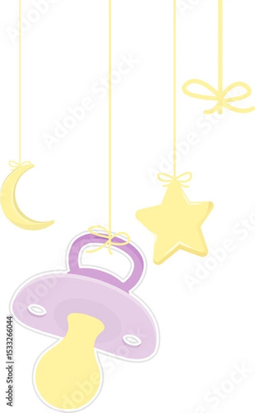 Obraz Flat design baby pacifier is hanging from ribbon alongside star and moon, transparent background