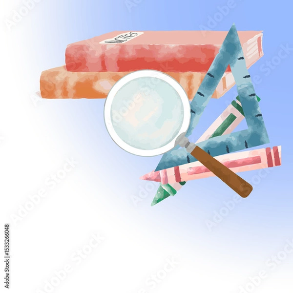 Fototapeta Notes notebooks, magnifier, triangle ruler and 3 pencils are floating on transparent background
