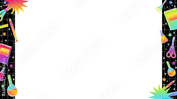 Obraz Science border is showing grid with neon icons flasks starbursts transparent background, copy space