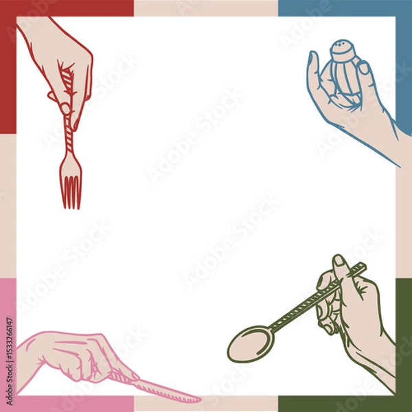 Fototapeta Transparent vector showing hands holding utensils, salt-shaker around blank rectangle, copy space