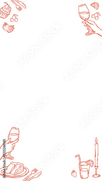 Obraz Orange line-art border showing cupcake, wine glass and steak on transparent background, copy space