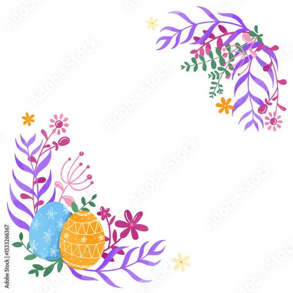Obraz Vector corner frame is featuring patterned eggs and floral sprigs on transparent background