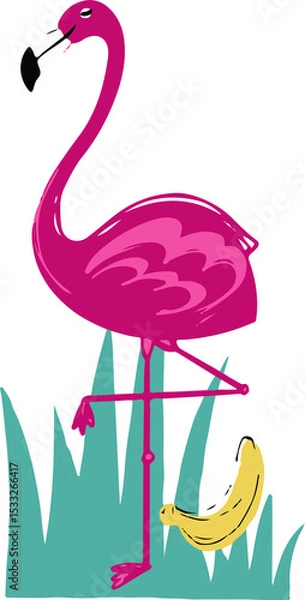 Obraz Cartoon-style pink flamingo is balancing on one leg with banana and grass, transparent background